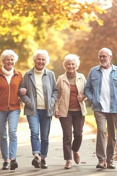 Four older adult friends walking outdoors on a fall day, smiling and holding hands.