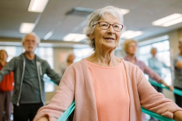 An older adult woman at a physical therapy or rehabilitation center, using a treadmill or parallel bars, smiling, with other people in the background.