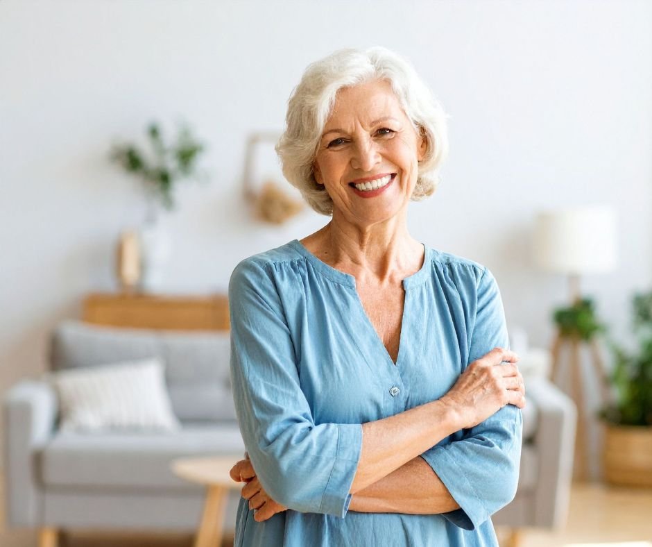 A smiling elderly woman with gray hair in a blue blouse standing in a bright, modern living room.