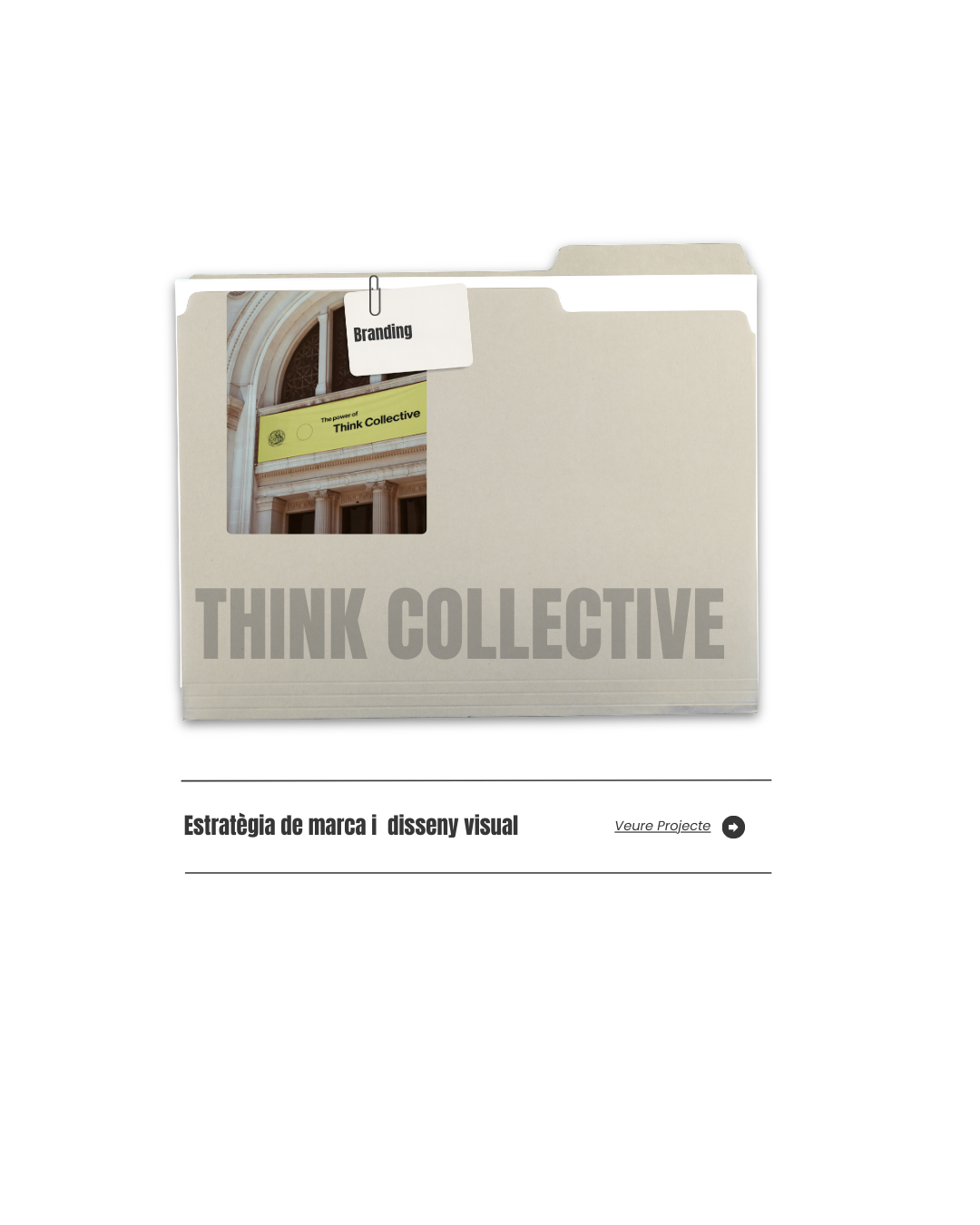 Archivador beige con la etiqueta 'Branding' y una foto de un edificio con arcos y columnas, además del texto 'THINK COLLECTIVE' en grande en la parte inferior.