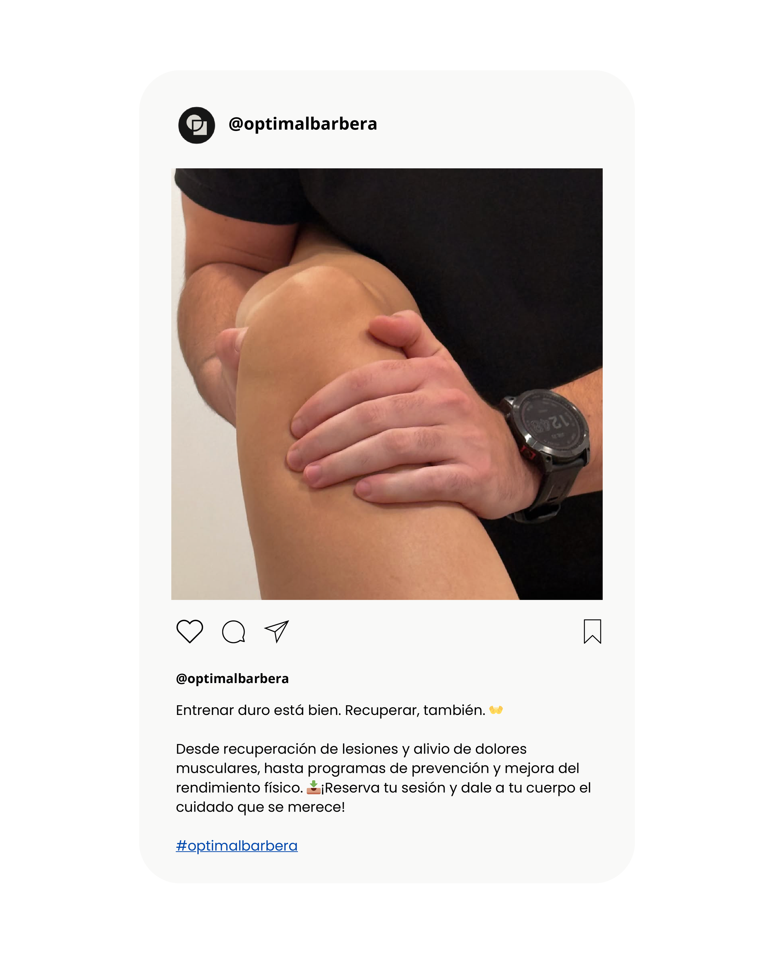 Persona sosteniendo su rodilla derecha con la mano, vista cercana. Texto en la publicación de Instagram promociona entrenamiento y fisioterapia para recuperación de lesiones y dolor muscular.