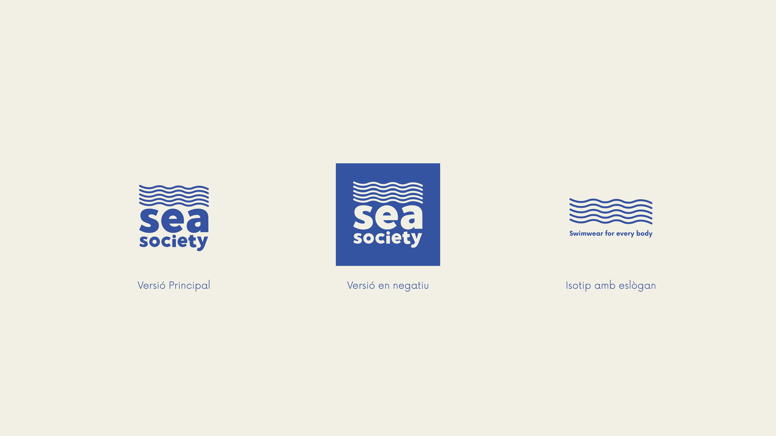 Diagrama comparativo de diferentes versiones del logo 'Sea Society', incluyendo la versión principal, una versión en negativo y una versión con un eslogan que dice 'Swimwear for every body'.