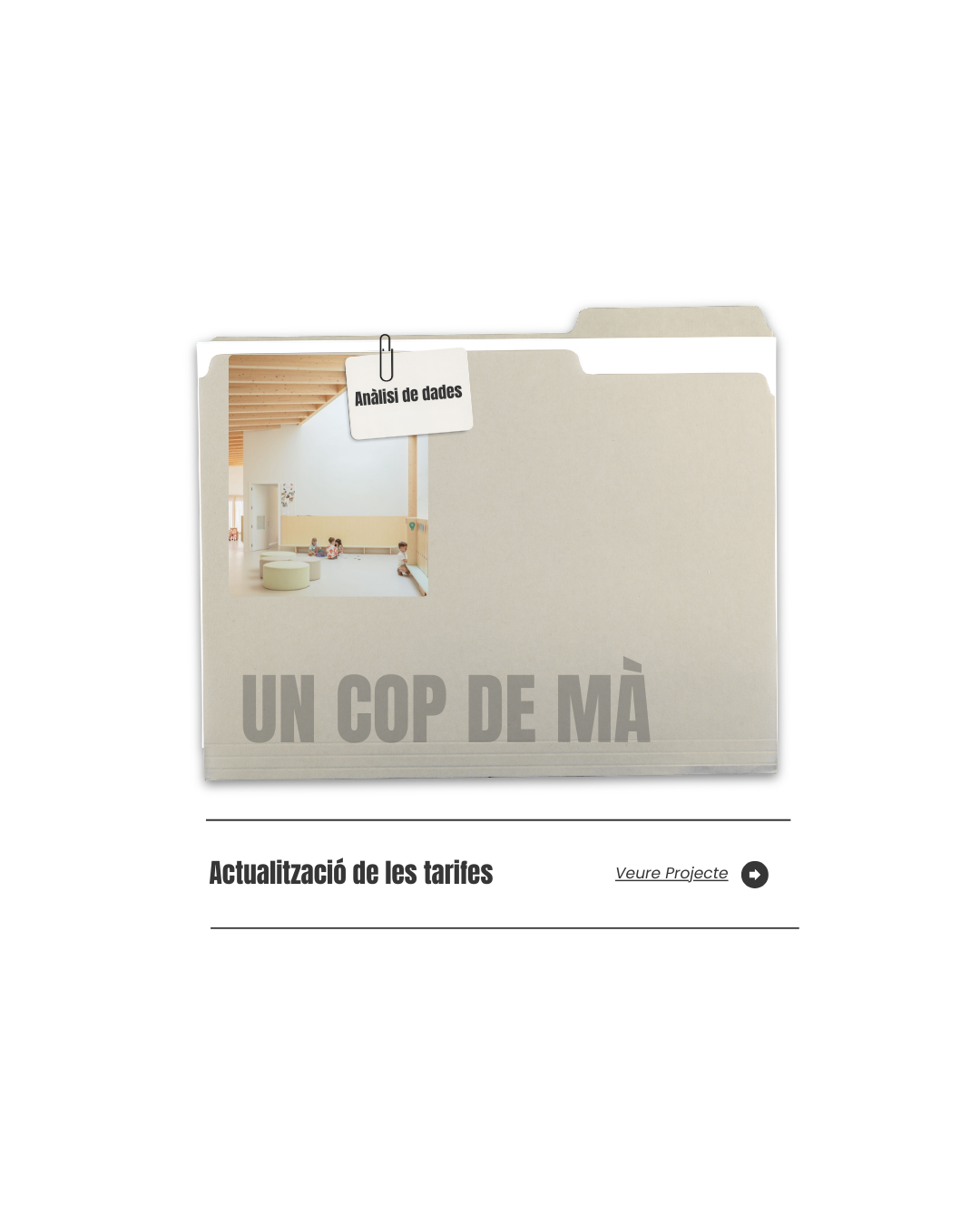 Archivador con una etiqueta que dice "Análisis de datos" y una foto pequeña de un espacio infantil con niños sentados en el suelo, y en la parte inferior, texto que dice "Un cop de mà".