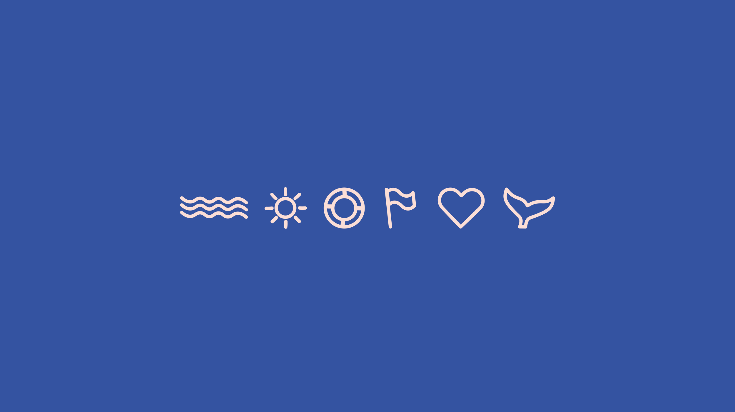 Iconos lineales en línea con temas de playa y mar, incluyendo olas, sol, boya, bandera, corazón y cola de sirena, sobre un fondo azul.