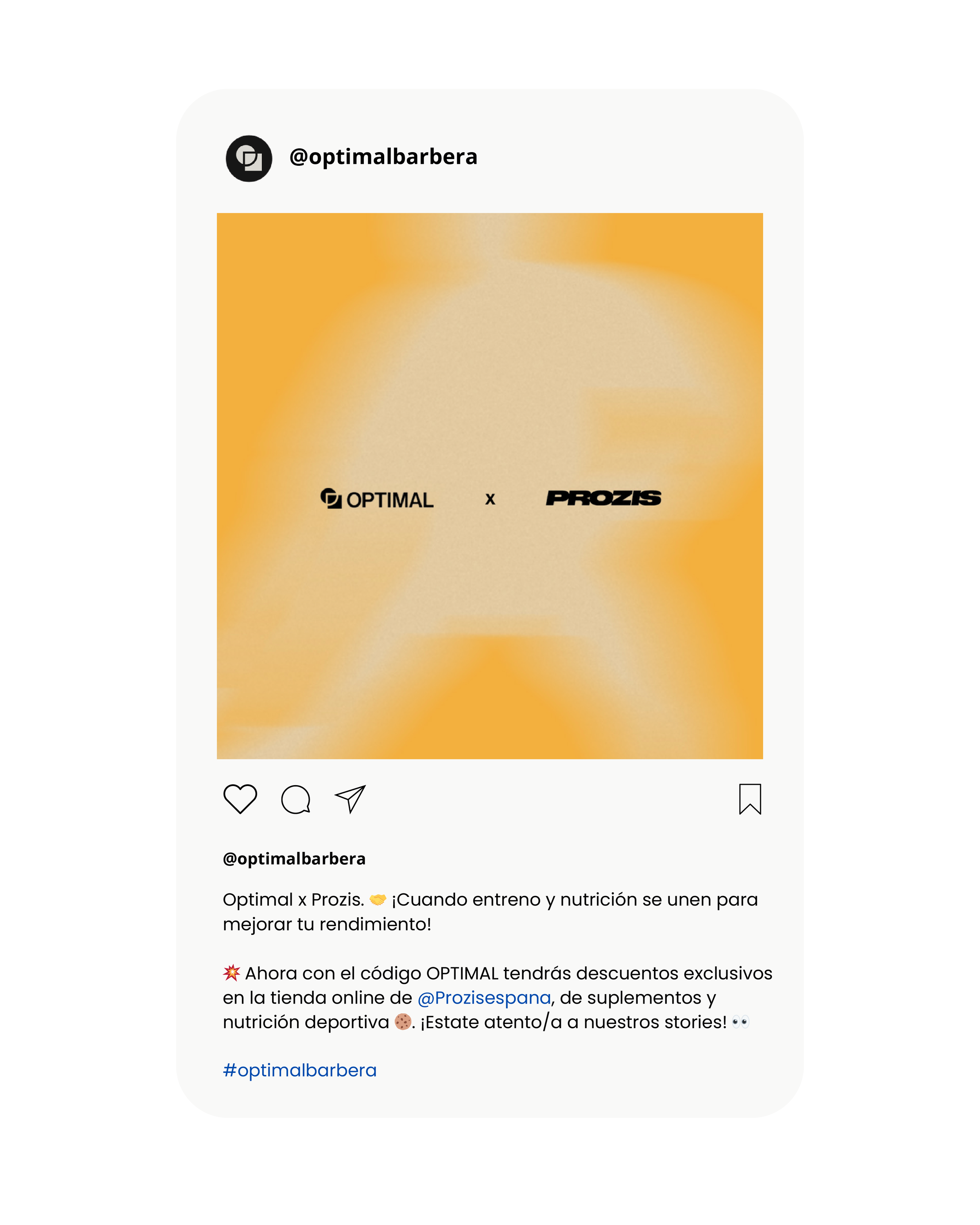 Publicación de Instagram que anuncia una colaboración entre Optimal y Prozis en un fondo con tonos naranjas y beige, con texto promocional y detalles sobre descuentos en tienda online.