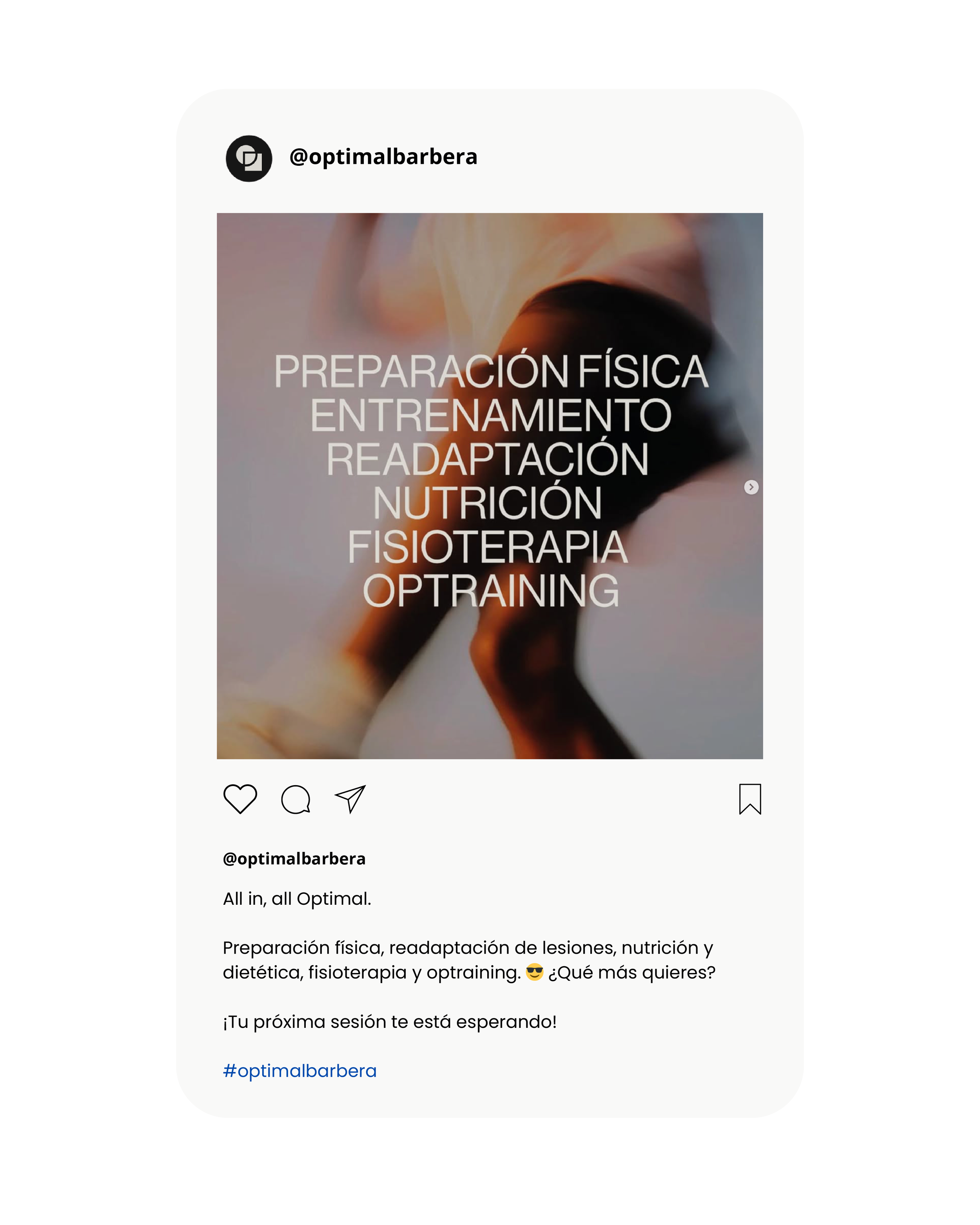 Publicidad de servicios de entrenamiento físico, nutrición, fisioterapia y readaptación en perfil de Instagram