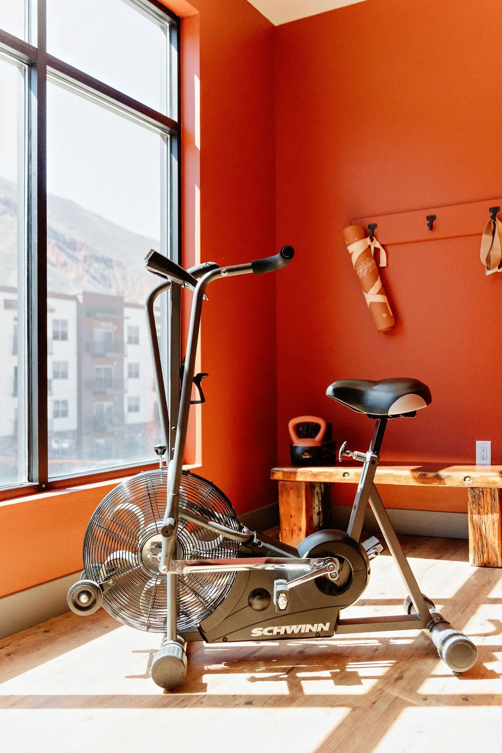 Small exercise space with bike.