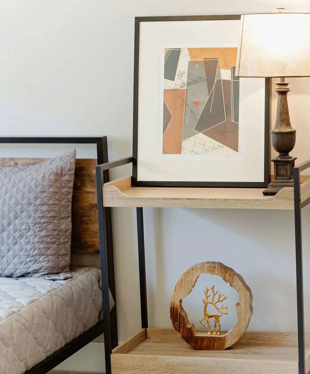 Bedside table with artwork