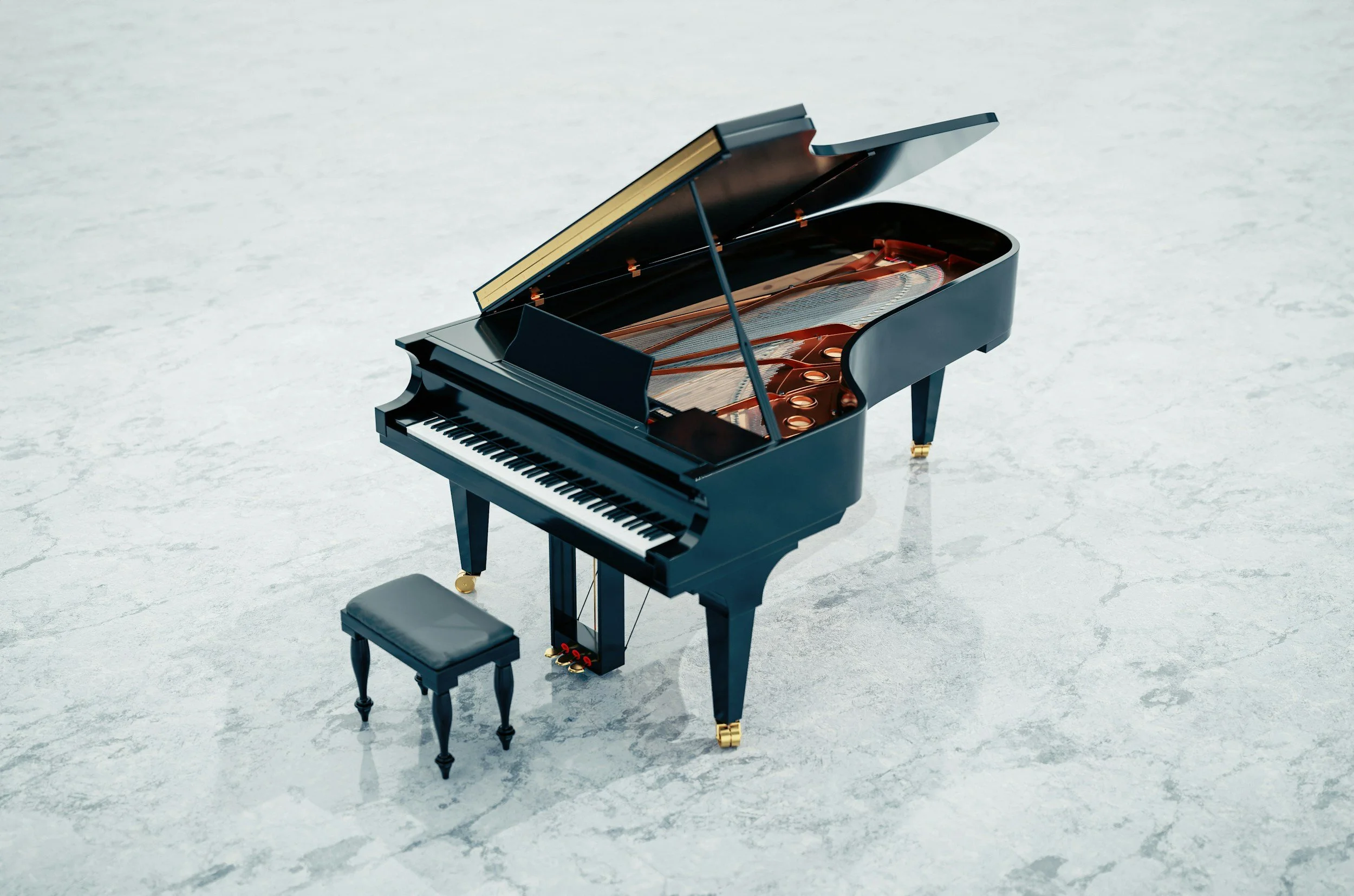 A black grand piano with its lid open, showing strings and inner mechanics, accompanied by a matching black piano bench, on a light-colored textured floor.