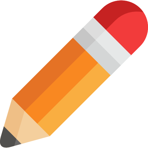 Illustration of a pencil with an orange body, red eraser, and black tip on a black background.