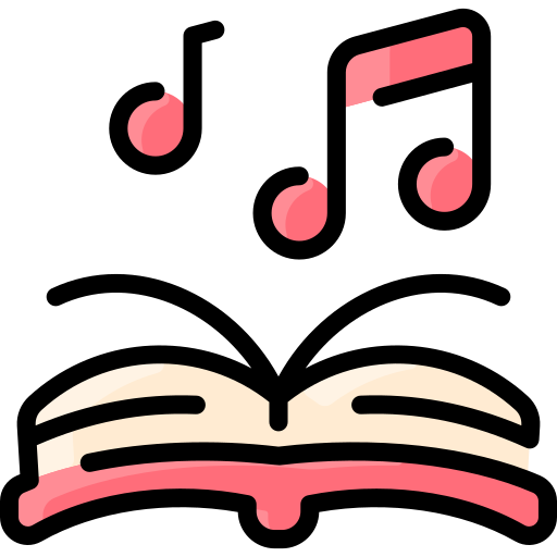 A cartoon-style illustration of a sad face with a book and floating pink musical notes.