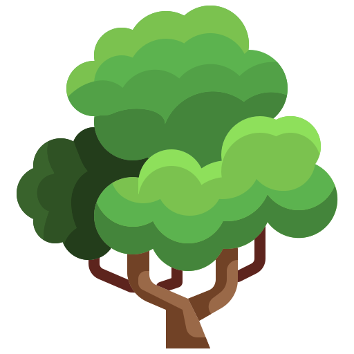 Cartoon illustration of a green leafy tree with a thick trunk and a small red object underneath.