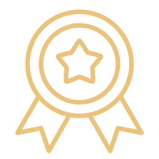 Gold award ribbon with a star in the center and two attached ribbons hanging down.