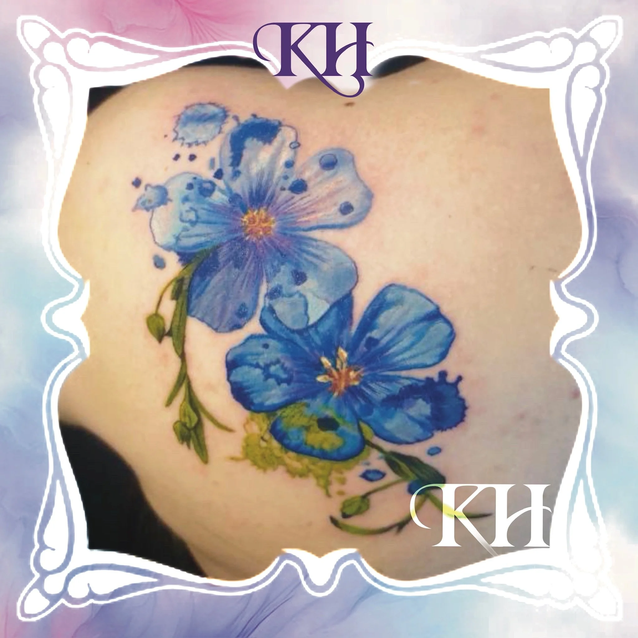Tattoo of blue flowers with green stems on skin, framed with decorative border and initials 'KH' at the top and bottom.