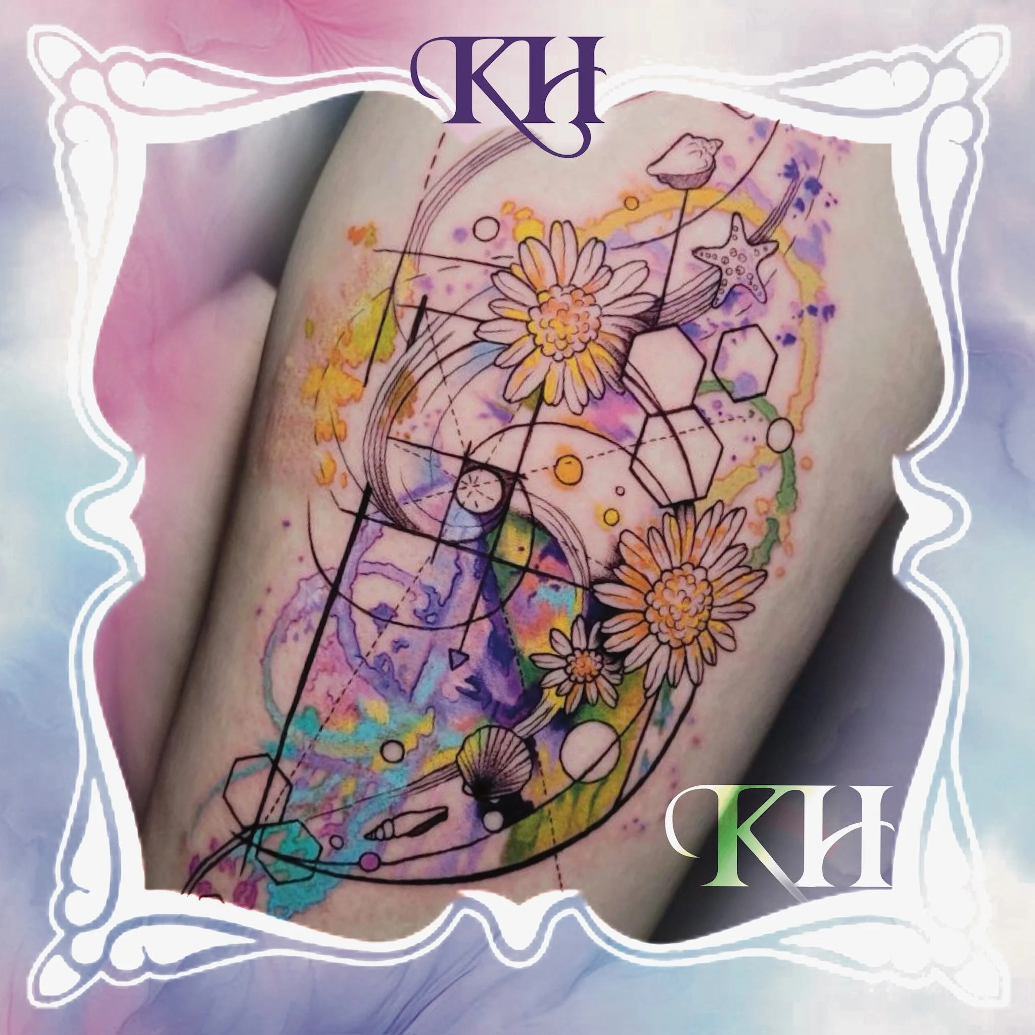 Tattoo of flowers, shells, and geometric shapes with watercolor background and the letters K and H at the top and bottom.