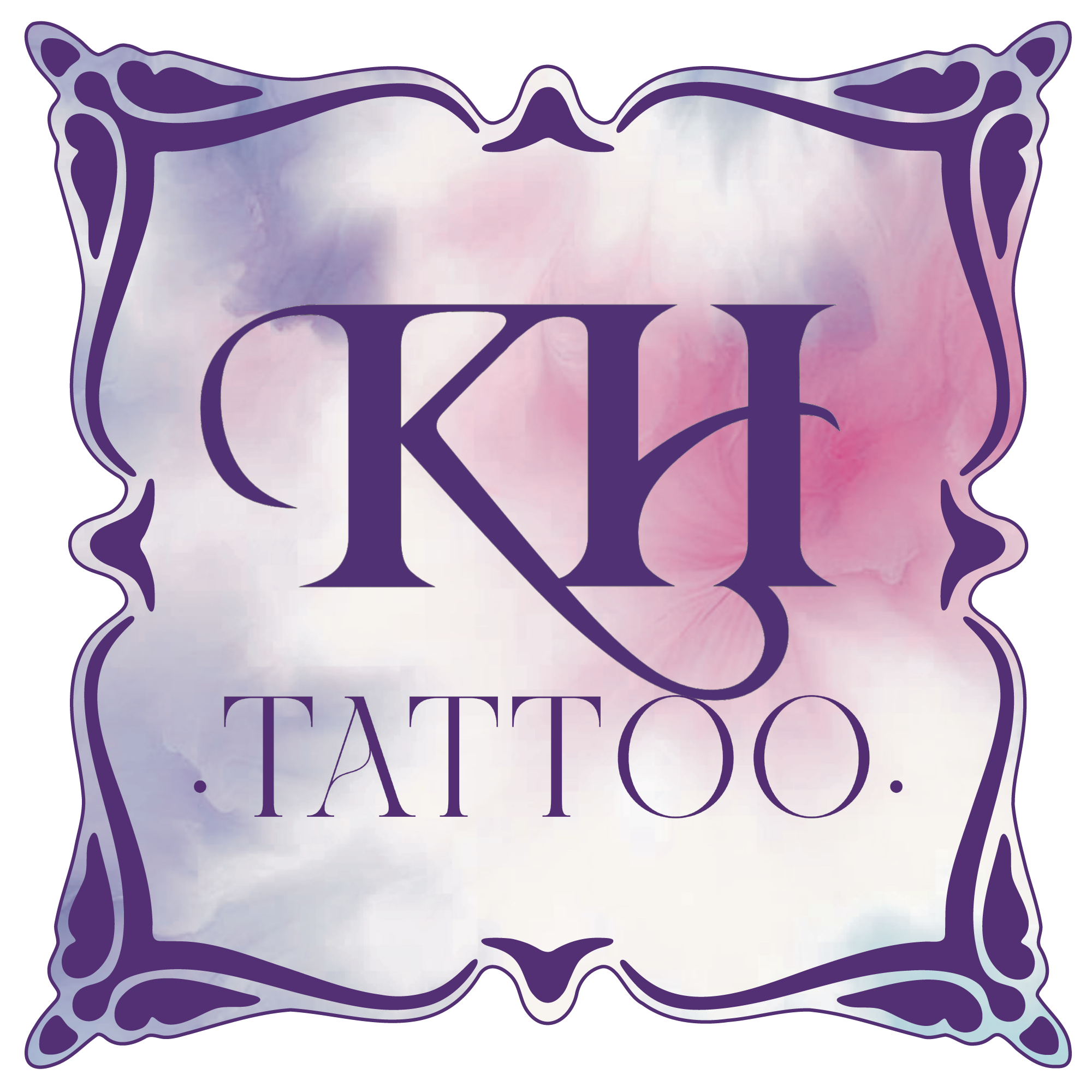 Decorative purple border with soft pastel watercolor background featuring pink, purple, and white hues, and the text 'KH TATTOO' in stylized purple font.