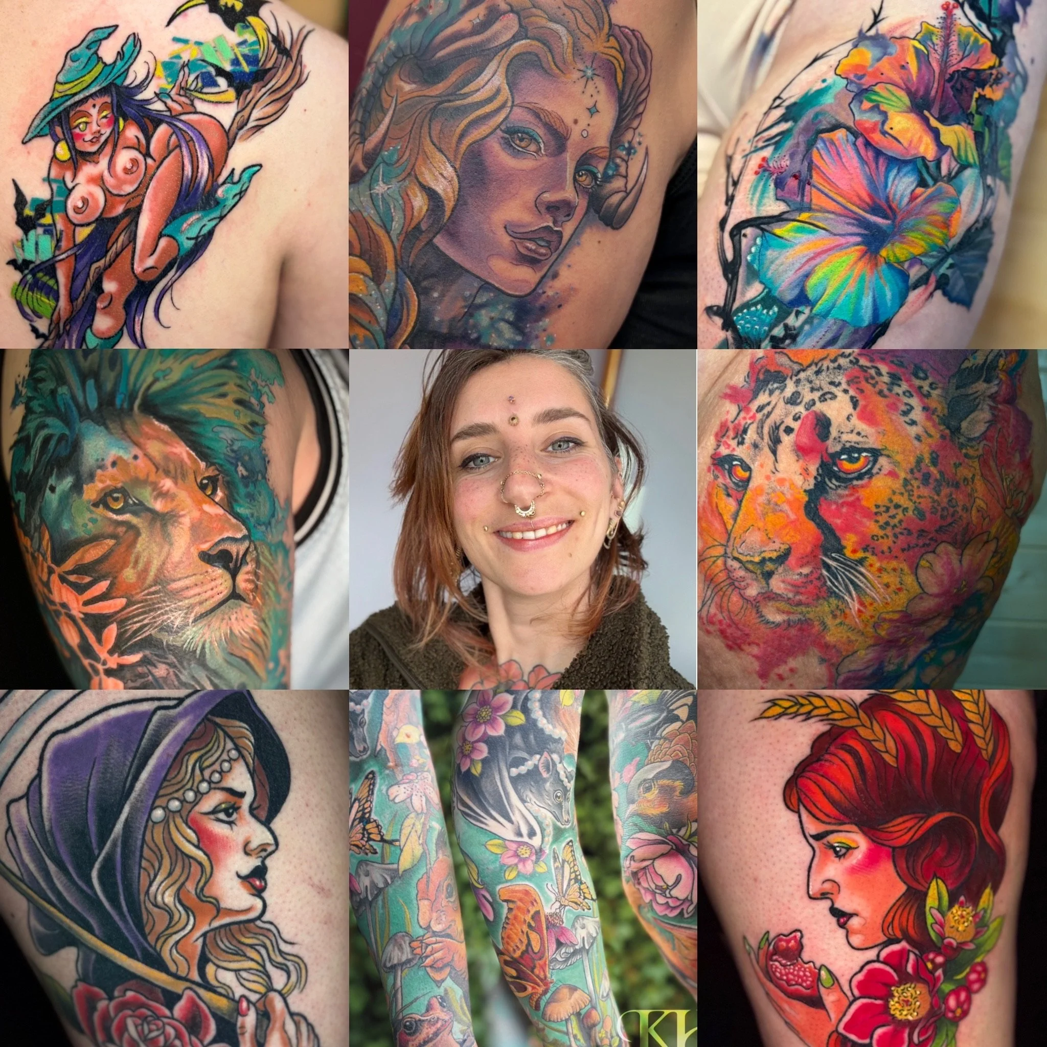 Collage of nine tattoos featuring women, animals, flowers, and colorful designs, along with a smiling woman with piercings.