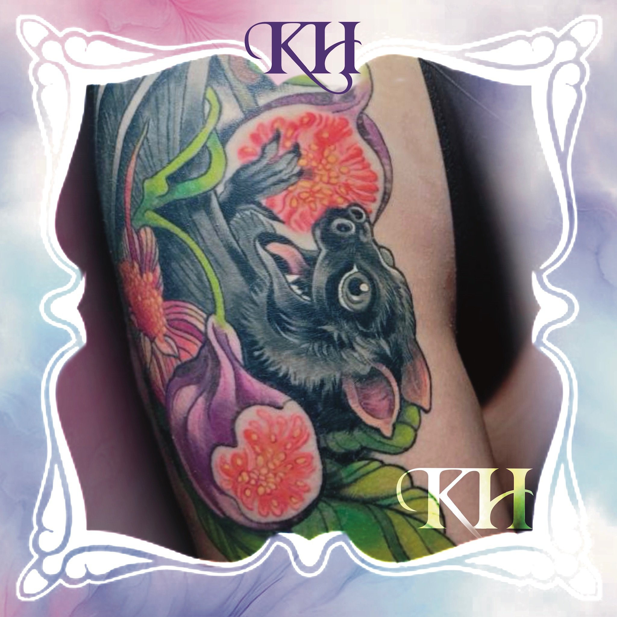 Tattoo of a dog's face surrounded by pink and purple flowers, with the letters 'KH' at the top and bottom of the image, framed by a decorative white border.