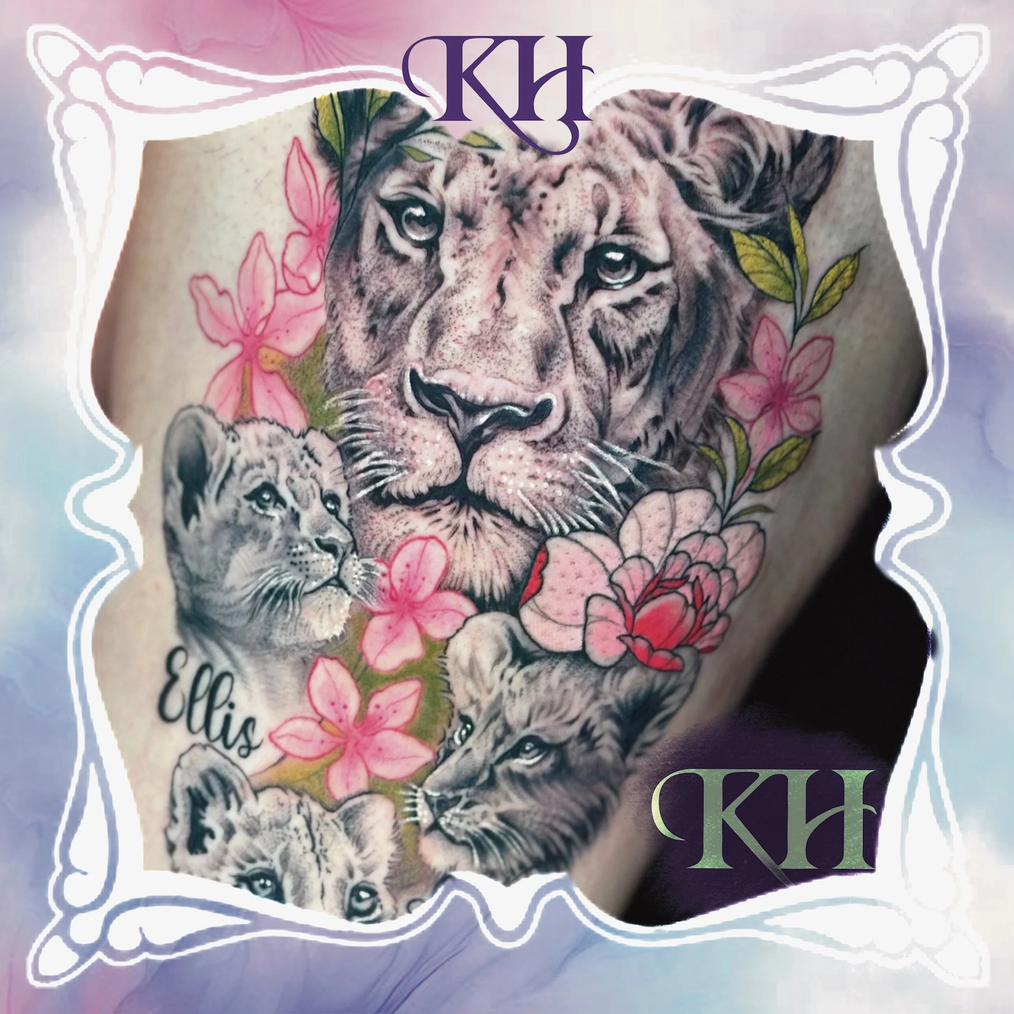 Tattoo of a lioness and a lion, with three younger lion cubs, surrounded by pink and red flowers and green leaves, with the name Ellis written below one of the cubs; decorative purple and white borders.
