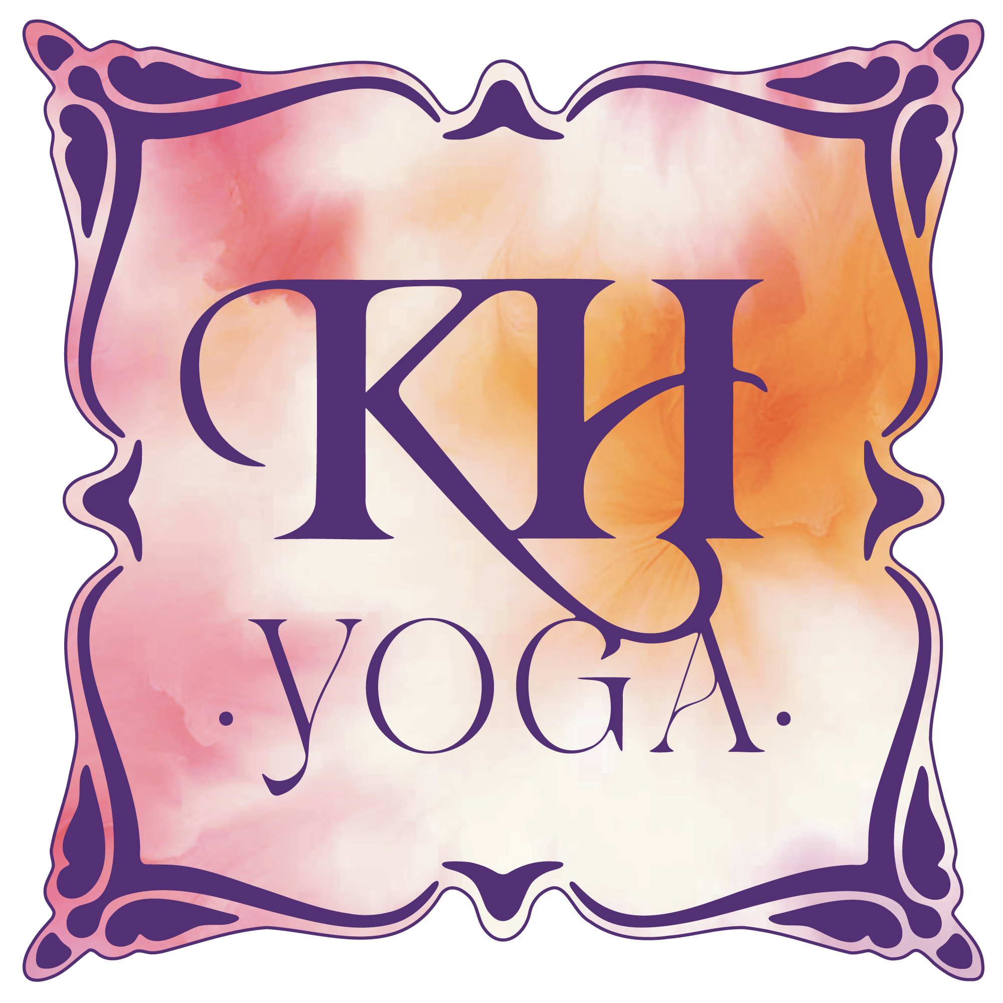 Colorful logo for KFH Yoga with a purple decorative border and watercolor background in pink, orange, and cream hues, featuring the text 'KFH YOGA' in purple letters.