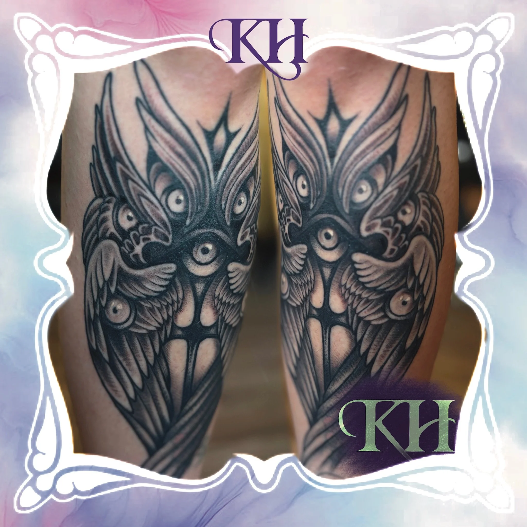 Two forearms with matching black and gray tattoo designs of stylized owl eyes and feathers.