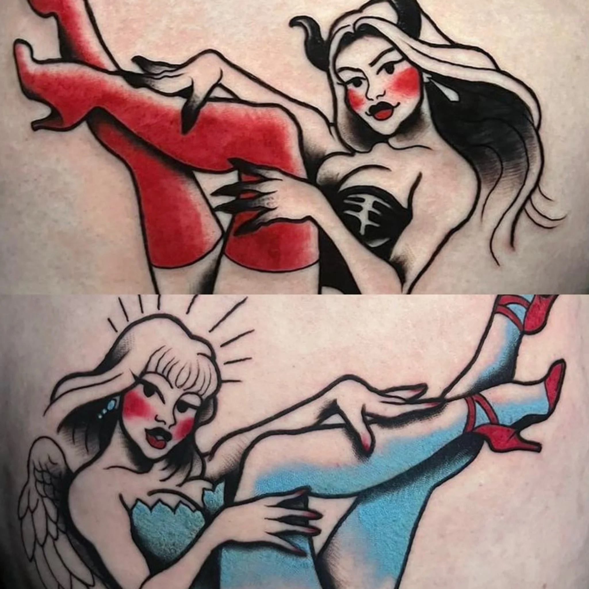 Two tattoo illustrations of women with bird wings, red cheeks, and colorful outfits, posed in pin-up style.