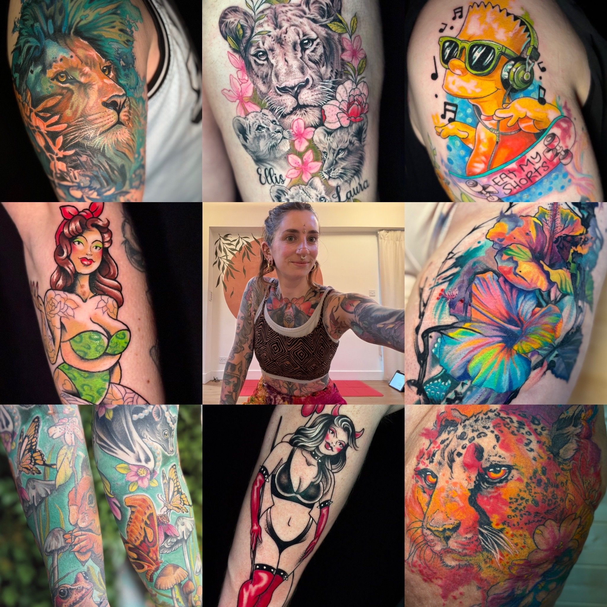 Collection of colorful tattoos on various skin parts, including lions, a girl, butterflies, a woman in lingerie, a tiger, and cartoon characters.
