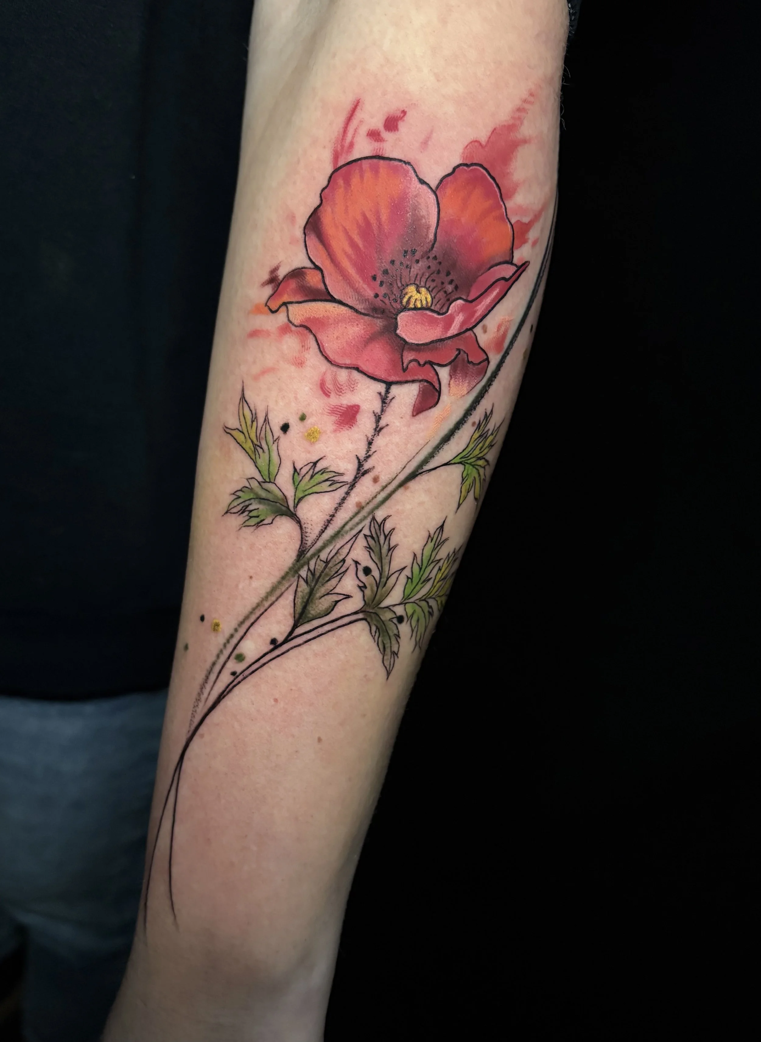 A colorful watercolor-style tattoo of a red flower with green leaves on a person's arm.
