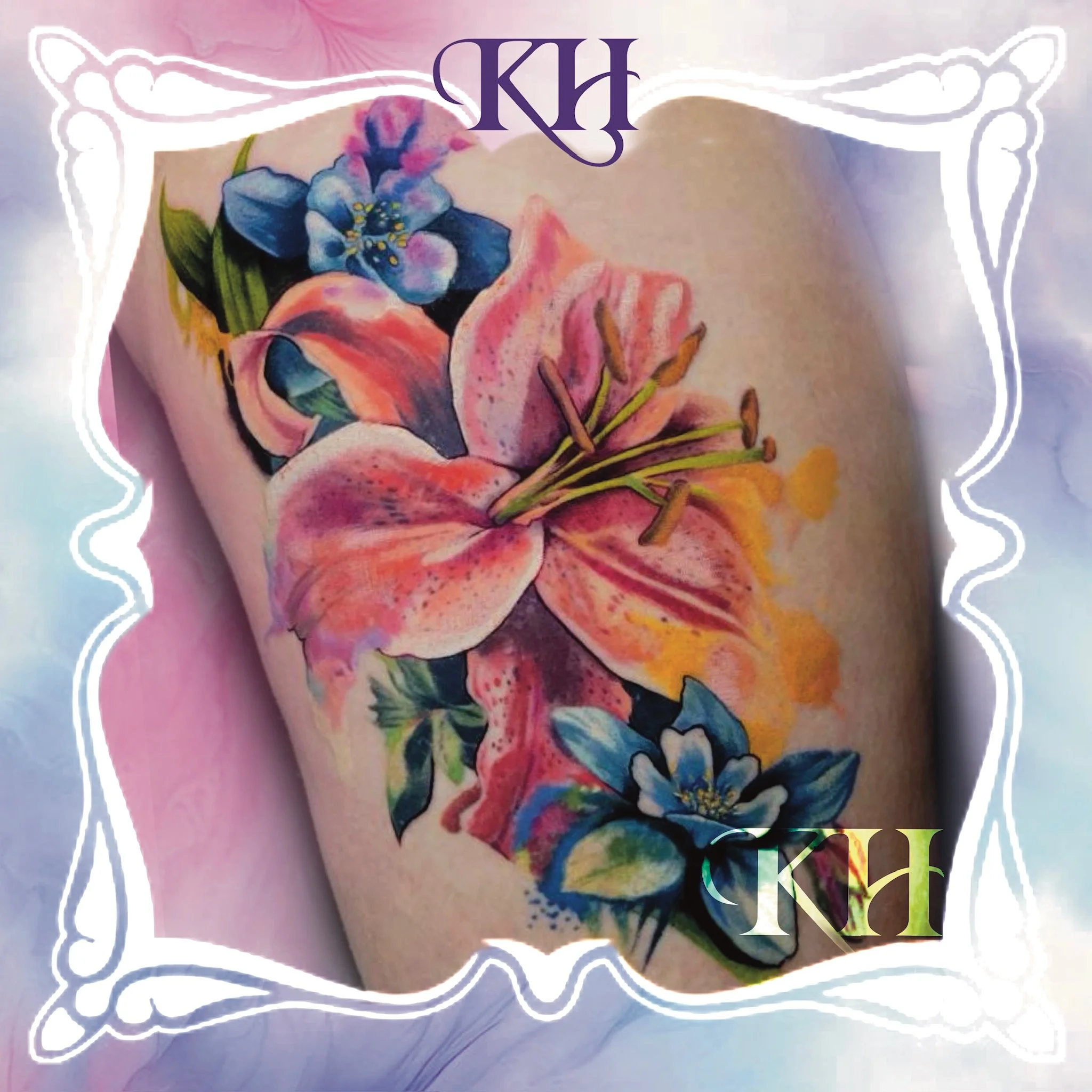 Colorful tattoo of pink lilies and blue flowers on a person's arm with decorative white borders and initials at the top and bottom.