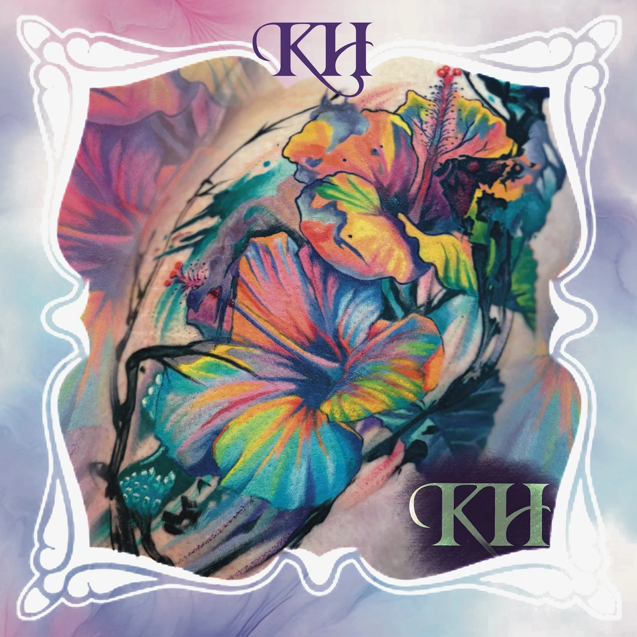 Colorful floral design with leaves and flowers, surrounded by a decorative white border, with initials 'KH' at the top and bottom.