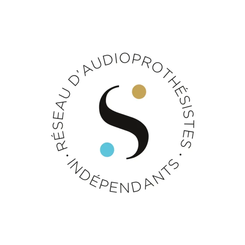 Logo circulaire avec un S central stylisé, entouré de la phrase "Réseau d'audioprothésistes indépendants" en français, avec deux points colorés, un bleu en bas à gauche et un or en haut à droite.