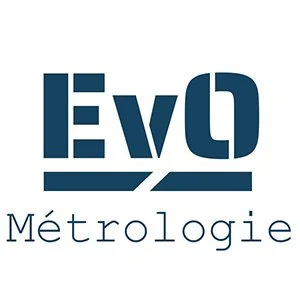 Logo avec le texte 'Evo Métrologie' en bleu foncé