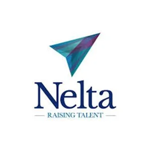 Logo de Nelta avec un symbole triangulaire coloré et le slogan 'RAISING TALENT'