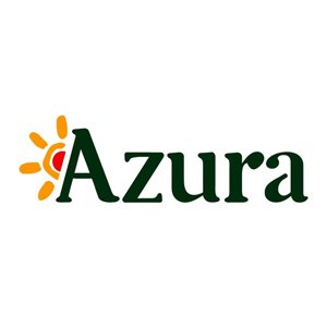 Logo avec le mot "Azur" en vert, entouré d'une iconographie stylisée d'un soleil orange avec un rayon rouge.