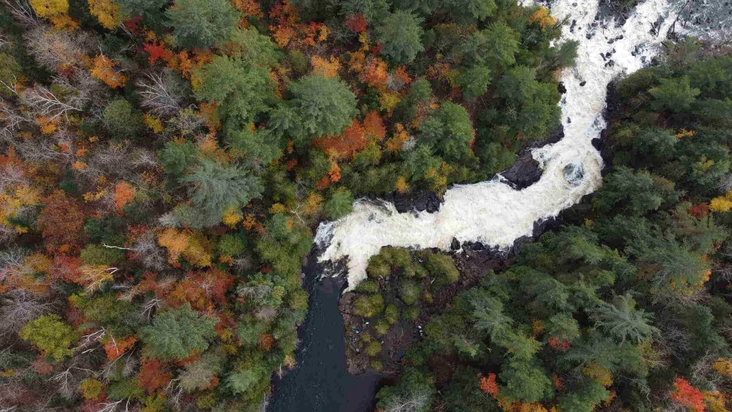 Aerial view of a river flowing through forest landscape in Wisconsin during fall.
