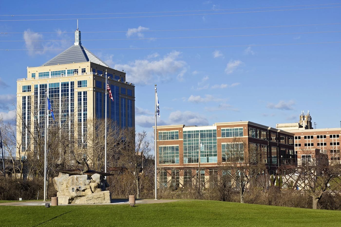 Dudley Tower and surrounding buildings in downtown Wausau, Wisconsin, home to Wisconsin River Partners headquarters.