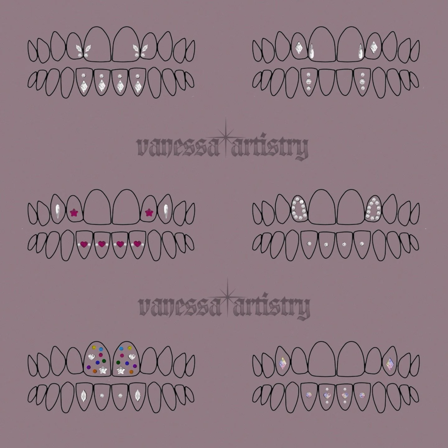 Some over-the-top tooth gem inspo for the new year

Are you game for one of these extra af sets? 

Send me your ideas, let&rsquo;s do some crazy stuff on your pearly whites 💖

DM me now to book for January or February! 

Tooth gems, bijoux dentaires