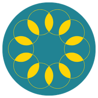 Decorative circular pattern with yellow petal-like shapes arranged in a ring on teal background.