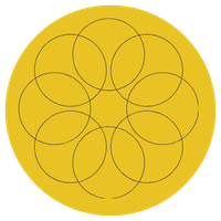 A yellow circular design with multiple interconnected smaller circles arranged in a flower-like pattern.