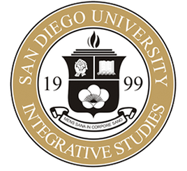 San Diego University emblem with the text 'San Diego University Integrative Studies 1999' and a shield featuring a torch, book, and flower.