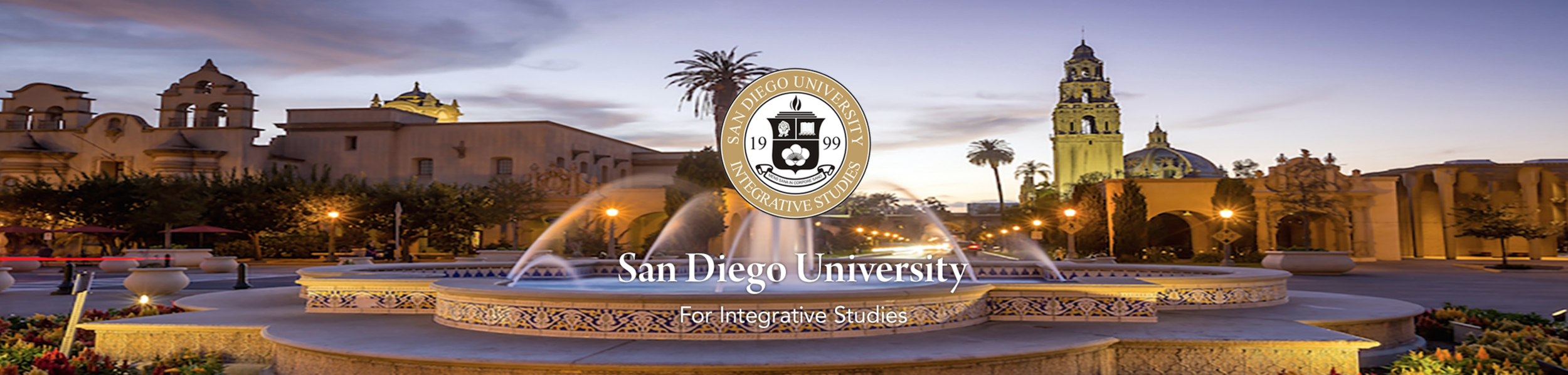 Dusk view of San Diego University campus with fountain in the foreground, historic buildings, palm trees, and a tower in the background, with the university emblem and text overlay.