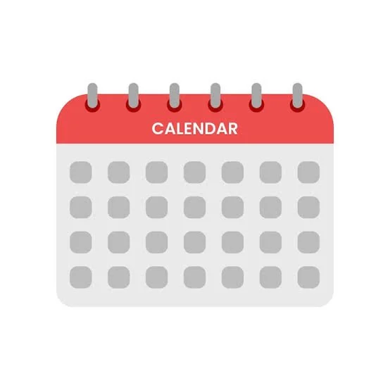 A simplified illustration of a desktop calendar with a red header labeled 'Calendar' and empty gray date squares.
