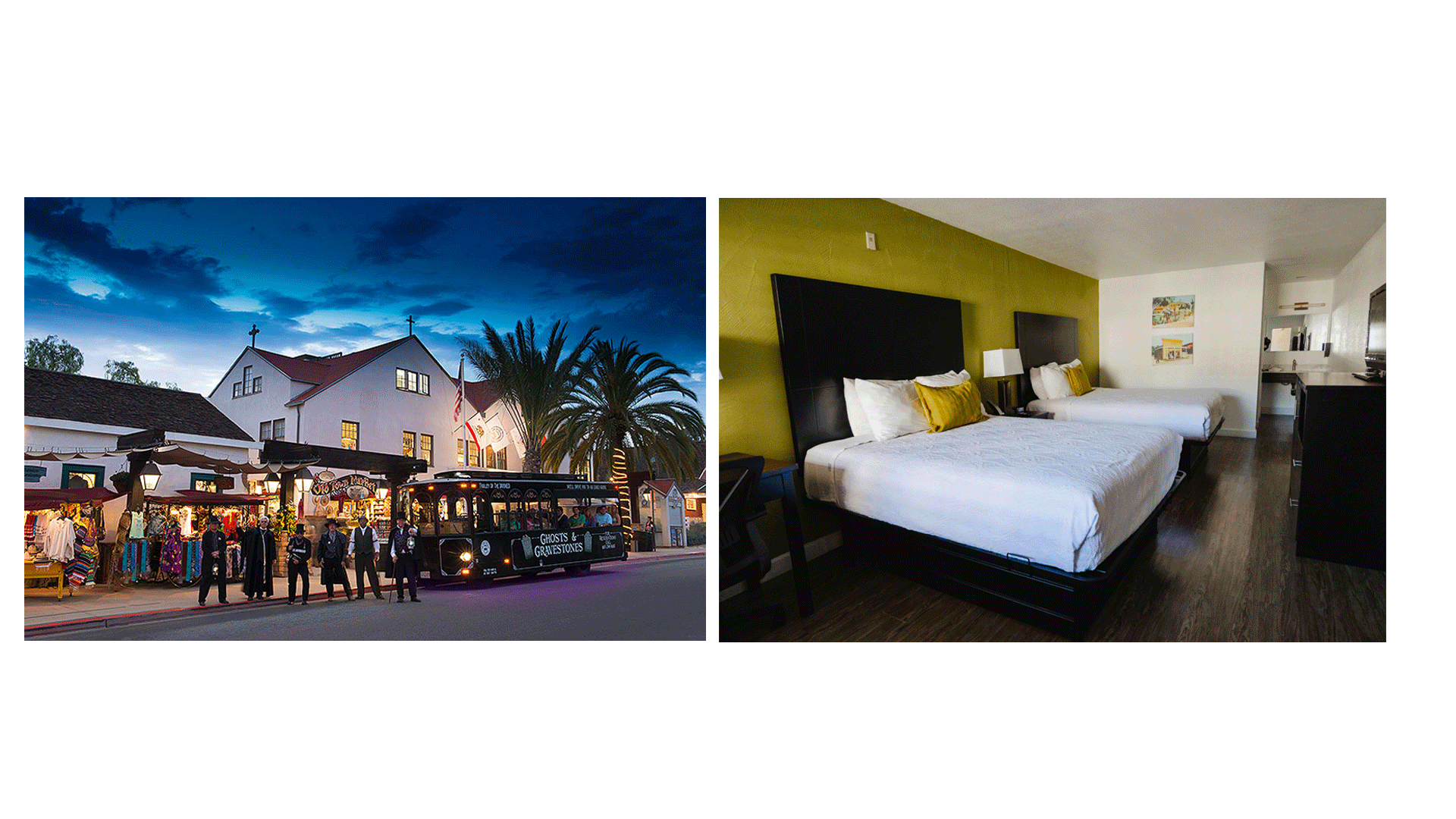 A split image showing an outdoor scene of a vintage trolley bus with people standing nearby on the left, and a hotel room interior with two beds, green and white walls, and hardwood floors on the right.