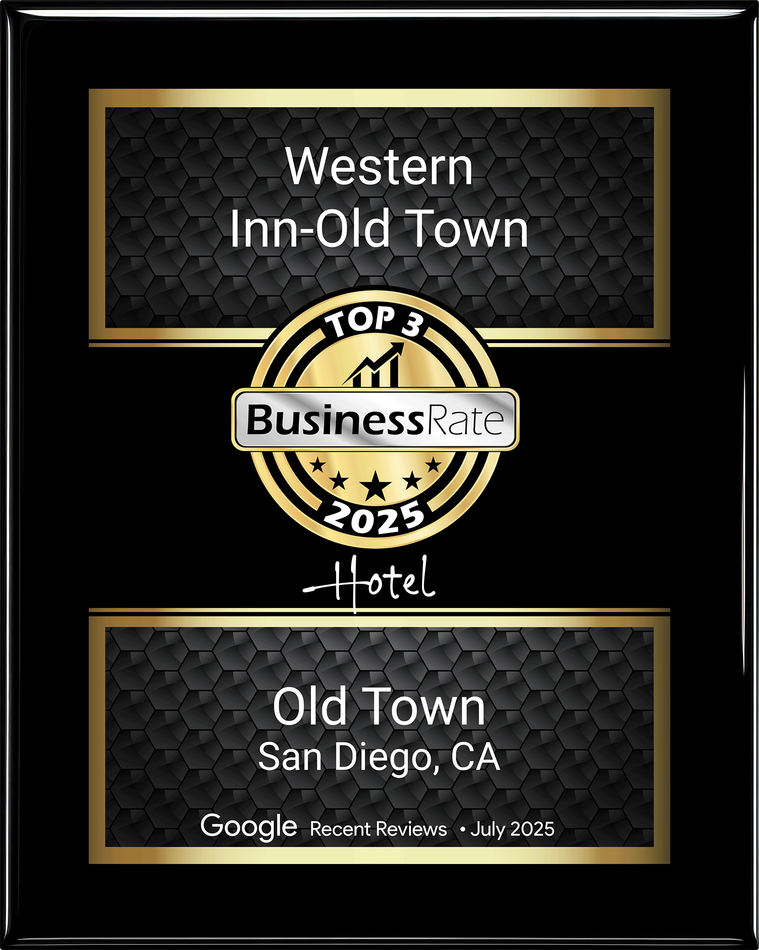 Black digital badge with gold accents indicating the top 3 business rate hotels in Old Town, San Diego, CA for July 2025, based on Google recent reviews.