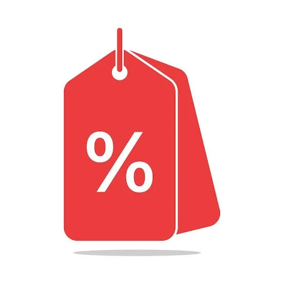 A red shopping tag with a discount percentage symbol (%)
