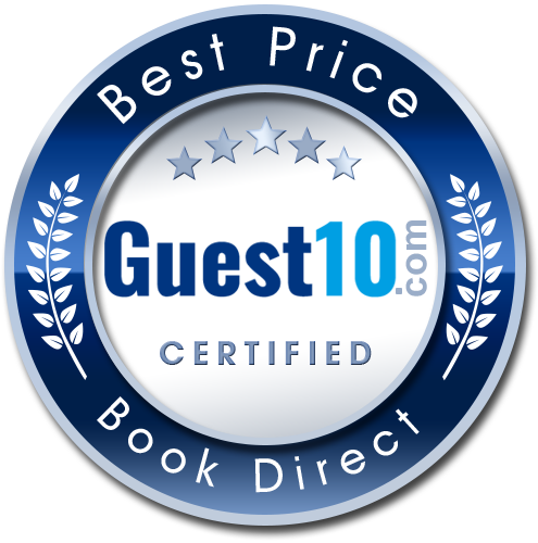 Circular badge with a navy blue outer ring that says 'Best Price Book Direct' and a inner gray ring with five stars and the text 'Guest10.com Certified' in the center.