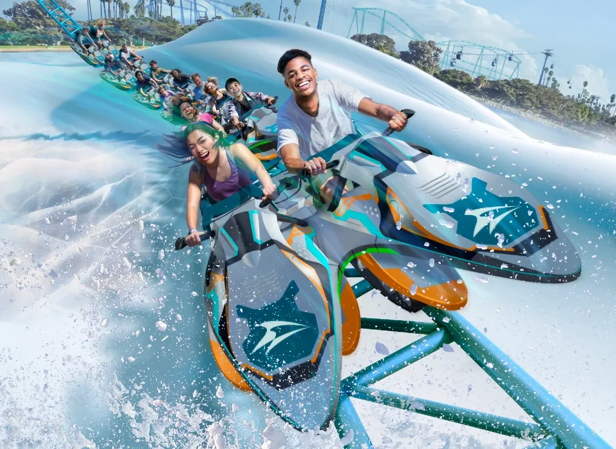 A group of people riding a futuristic roller coaster boat on water, with expressions of excitement and thrill, against a backdrop of roller coaster tracks and blue sky.