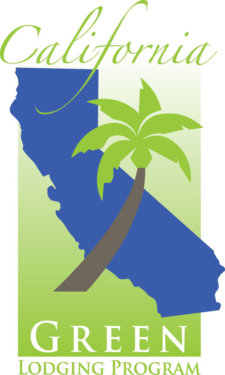 California Green Lodging Program logo featuring a blue silhouette of California, a green palm tree, and green text reading "California Green Lodging Program."