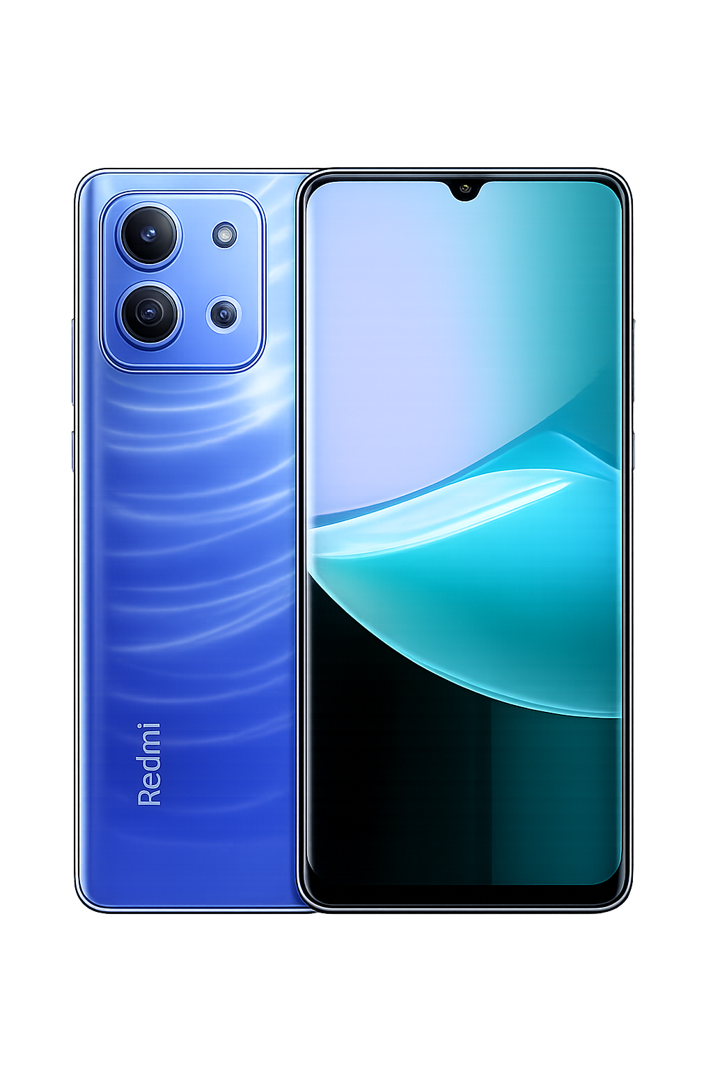 Een smartfoon, de Redmi met een blauwe achterkant en een scherm aan de voorkant, met drie camera's op de achterkant.