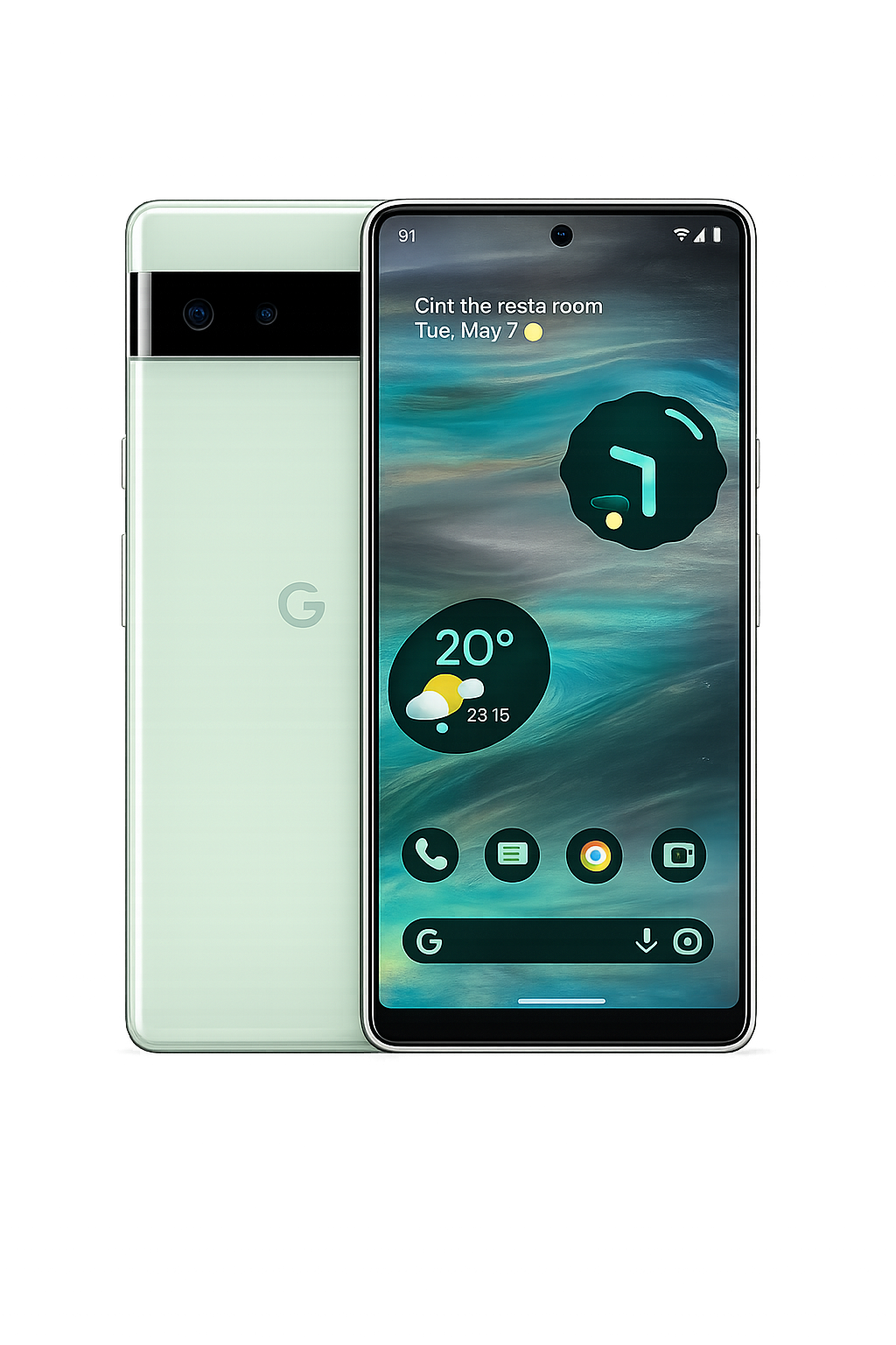 Smartphone met een digitale klok, weersvoorspelling en verschillende app-icoontjes op het scherm, met een kleurrijke lichtshow op de achtergrond.